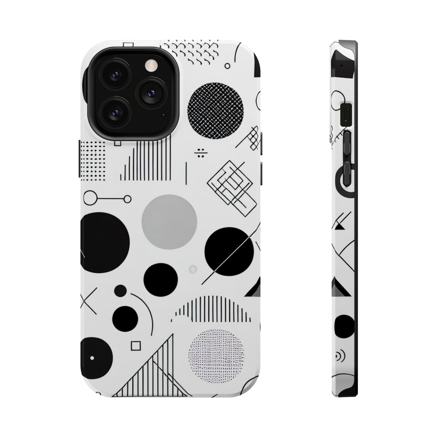Black and white abstract art geometric pattern iPhone case with protective dual-layer design and MagSafe compatibility