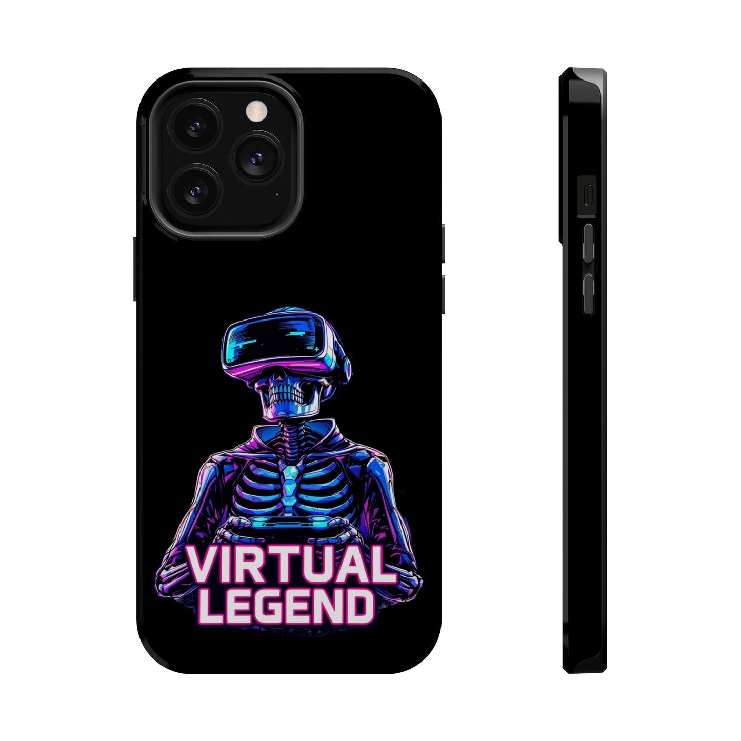 Black iPhone tough case with neon skeleton wearing VR headset and "Virtual Legend" text design