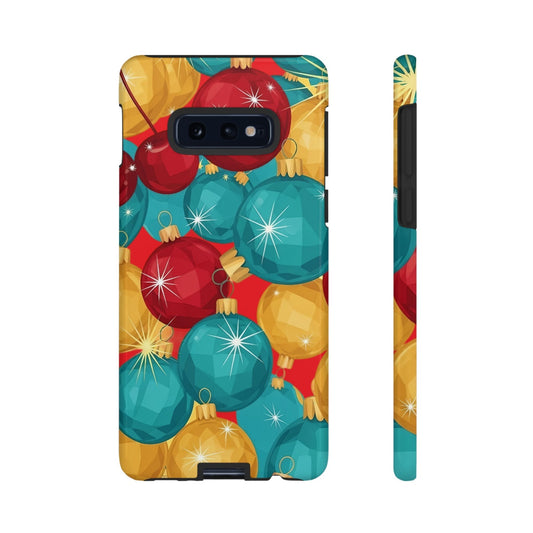 Samsung Tough Case with Christmas tree sparkle bulb design in red, blue, and gold colors providing durable shock absorption and wireless charging support.