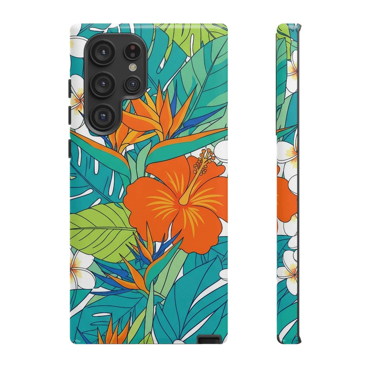 Vibrant floral Samsung case with tropical flower design and durable dual-layer protection