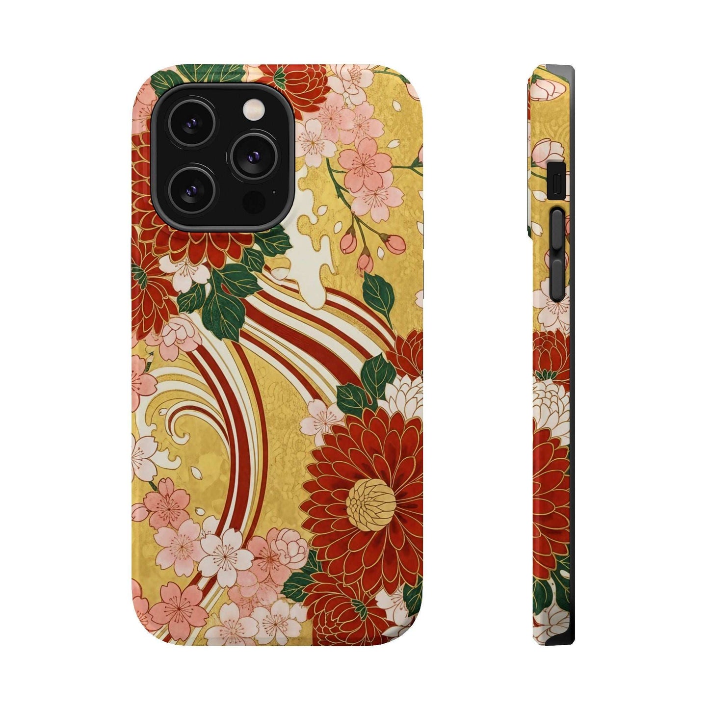 iPhone case with Japanese chrysanthemum and cherry blossom design, magnetic, impact-resistant, glossy or matte finish