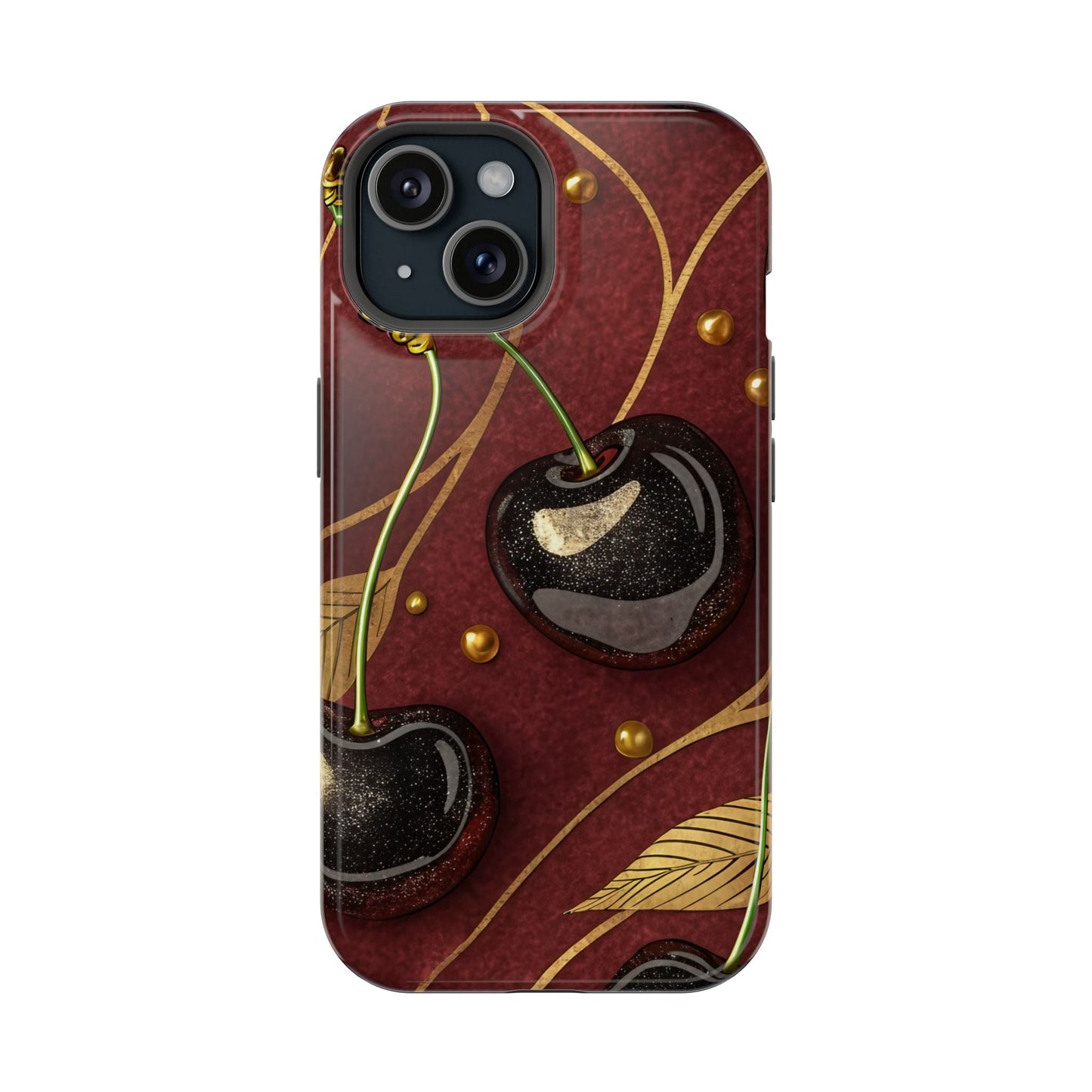 Golden Cherry iPhone Tough Case with cherry-gold design, durable dual-layer protection, MagSafe compatible for iPhone 13 to 17 Pro Max