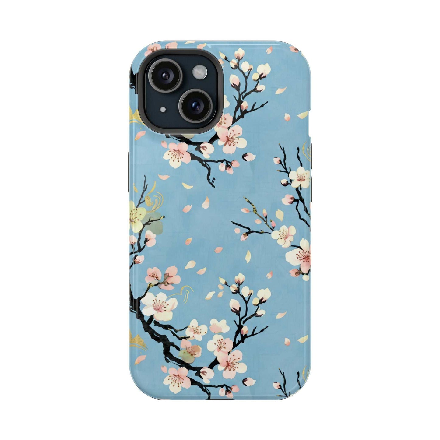 Spring Bloom iPhone Tough Case with floral design and MagSafe compatibility on blue background