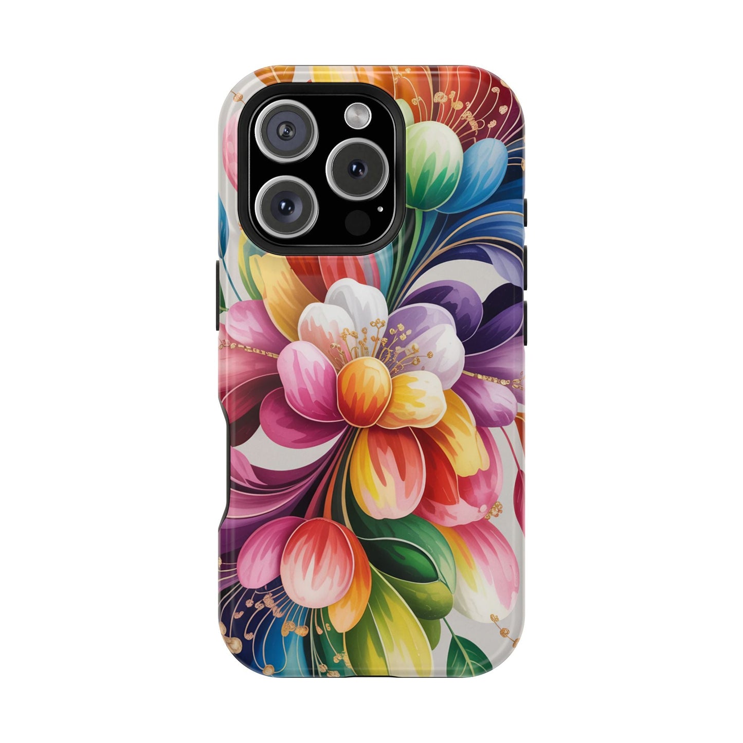 Vibrant Floral iPhone Case with bright colorful flower design, dual-layer protection, and MagSafe compatibility