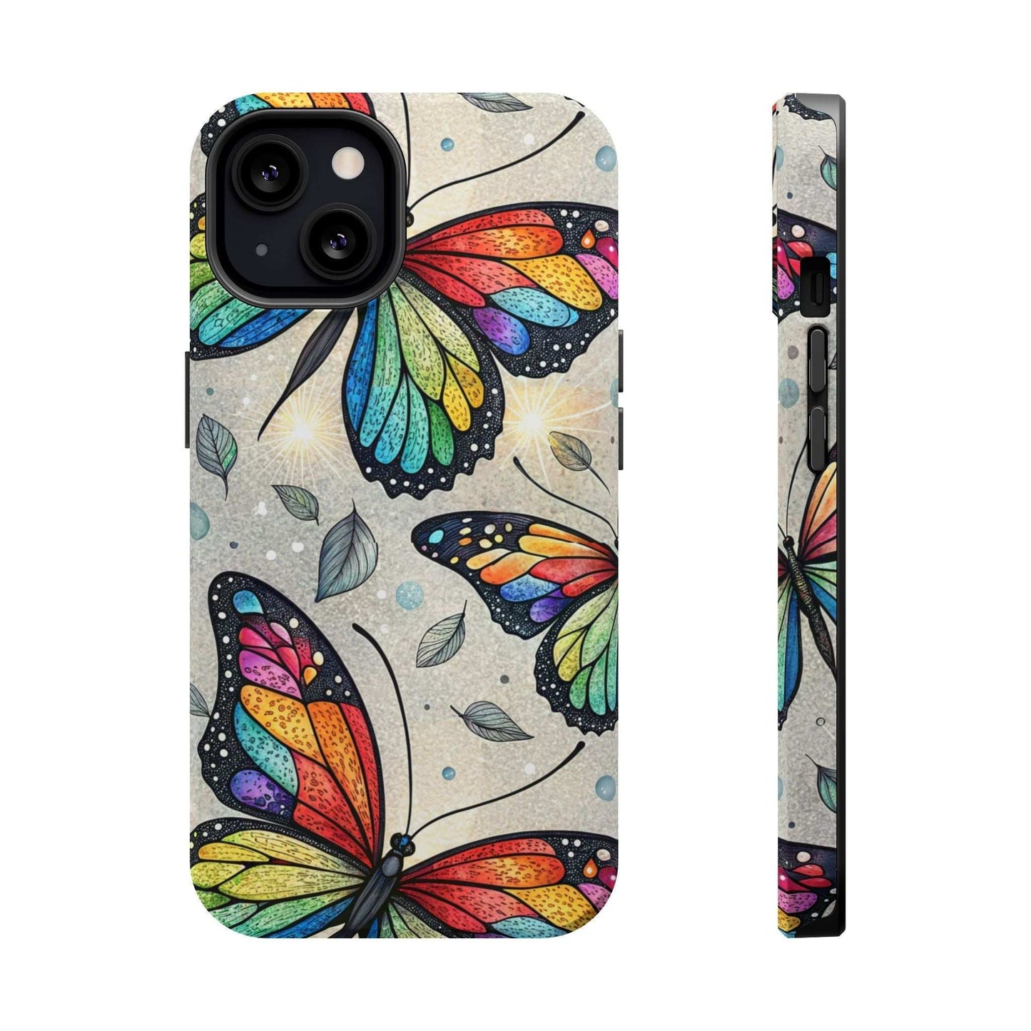 iPhone case with vibrant rainbow butterfly design, tough dual-layer protection and MagSafe compatibility
