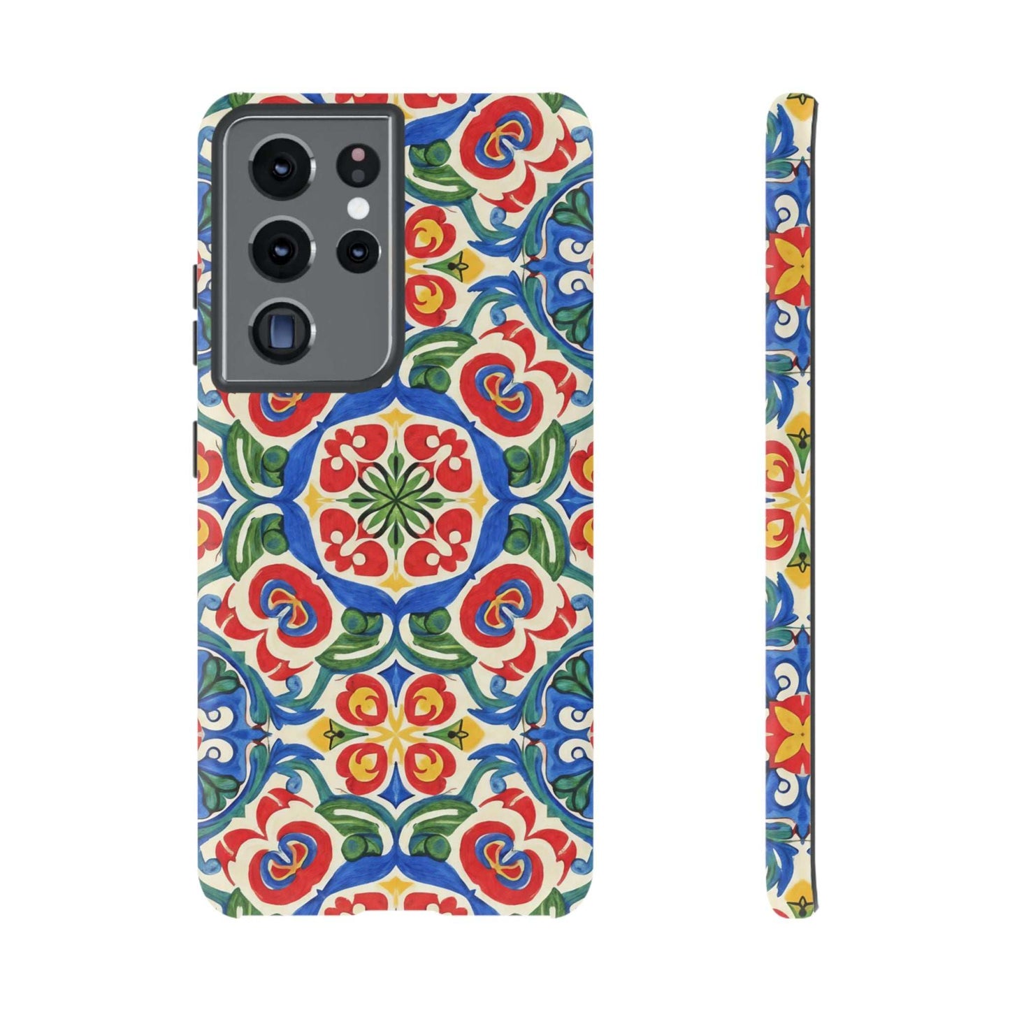 Mediterranean Samsung Case with colorful hand-painted tile design and dual-layer protective construction
