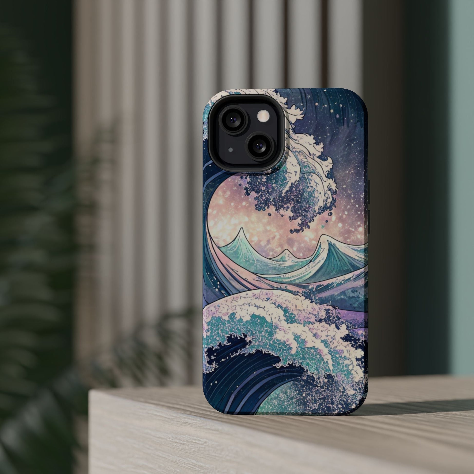 iPhone case with artistic crashing waves design and MagSafe protection