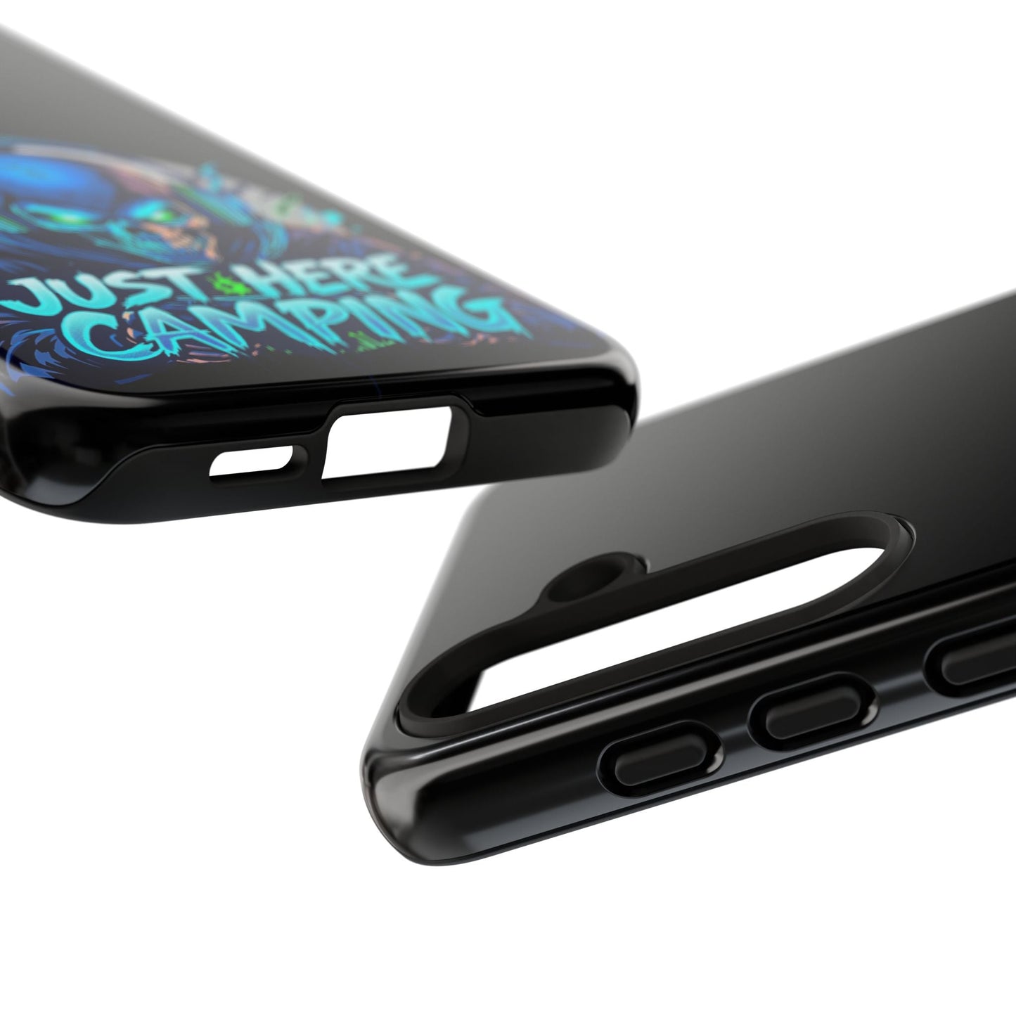 Samsung Tough Case with vibrant "Just Here Camping" design for gaming enthusiasts case, offering premium protection for Samsung Galaxy models.