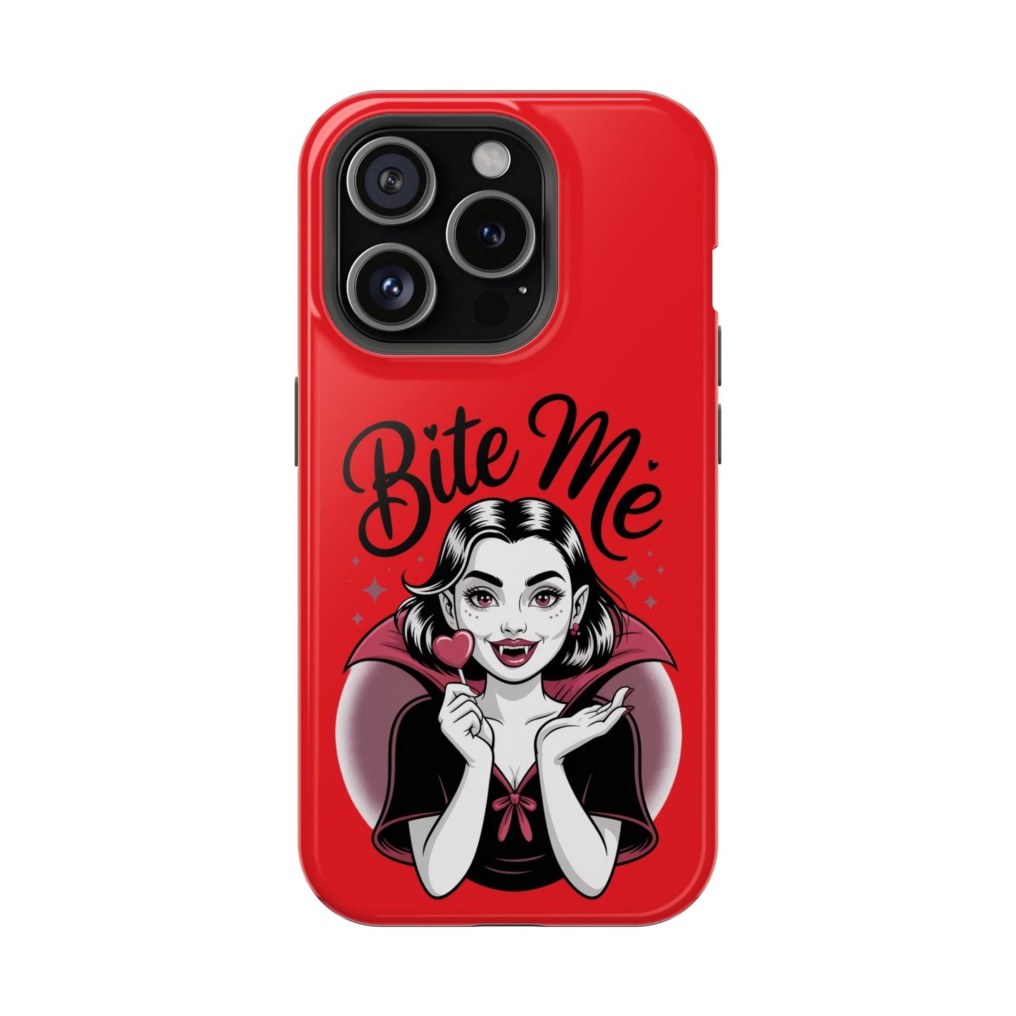 Red Halloween Vampire iPhone case with "Bite Me" text and vampire girl holding heart-shaped lollipop design, durable MagSafe compatible protective cover.