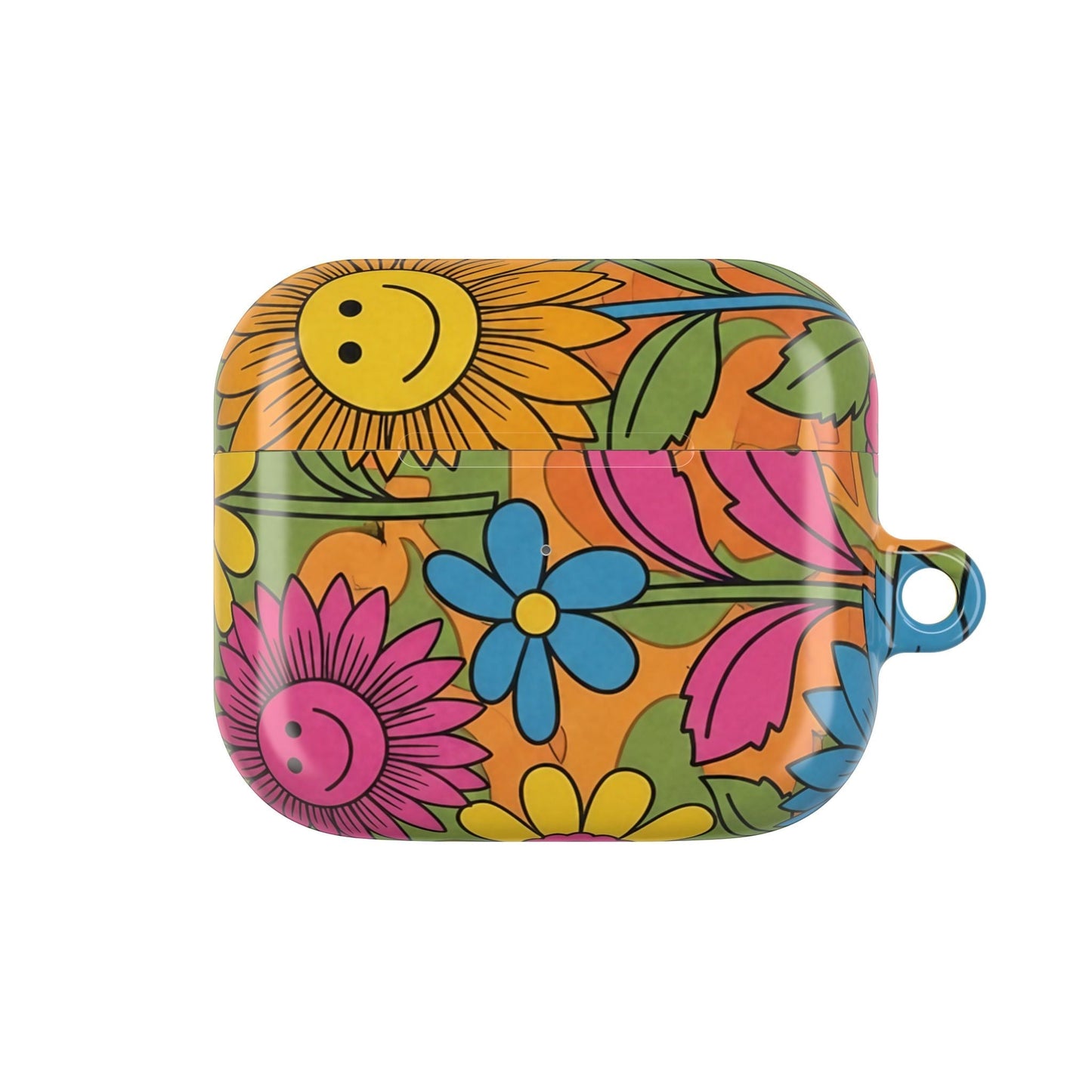 Flower Power AirPod Case with colorful floral and smiley design, durable polycarbonate, and carabiner attachment