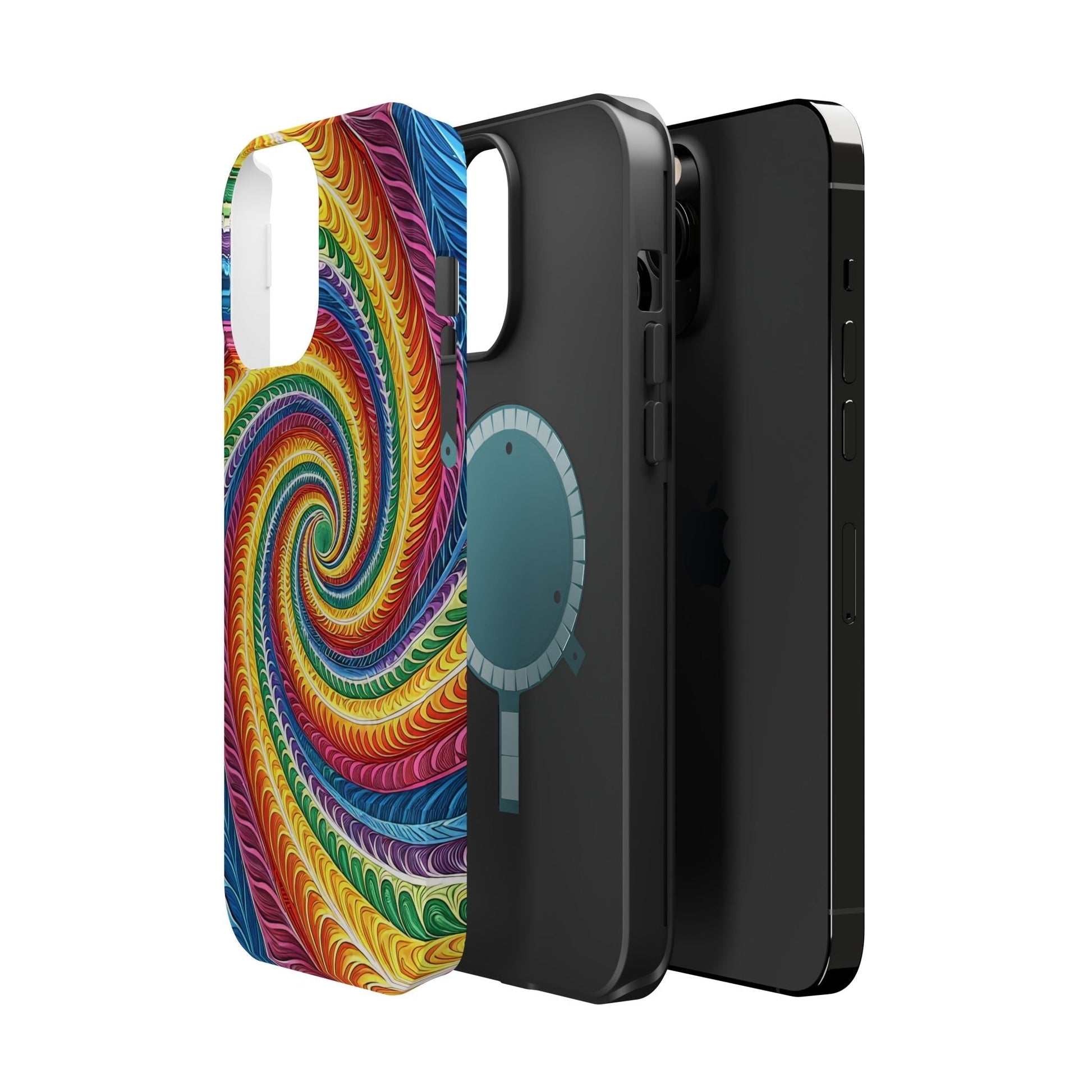Rainbow Swirl iPhone tough case with vibrant colorful swirl design, dual-layer protection, MagSafe compatible, available in glossy or matte finish.