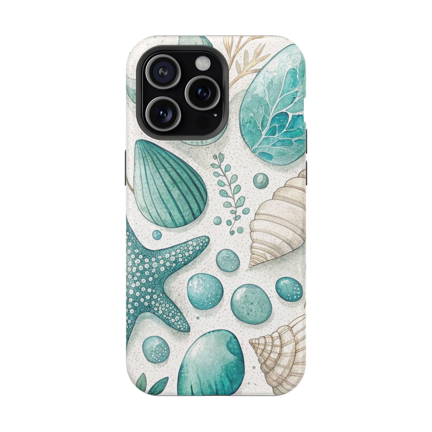 Celebration Sea iPhone Tough Case with ocean shells and starfish design, durable protective cover compatible with MagSafe