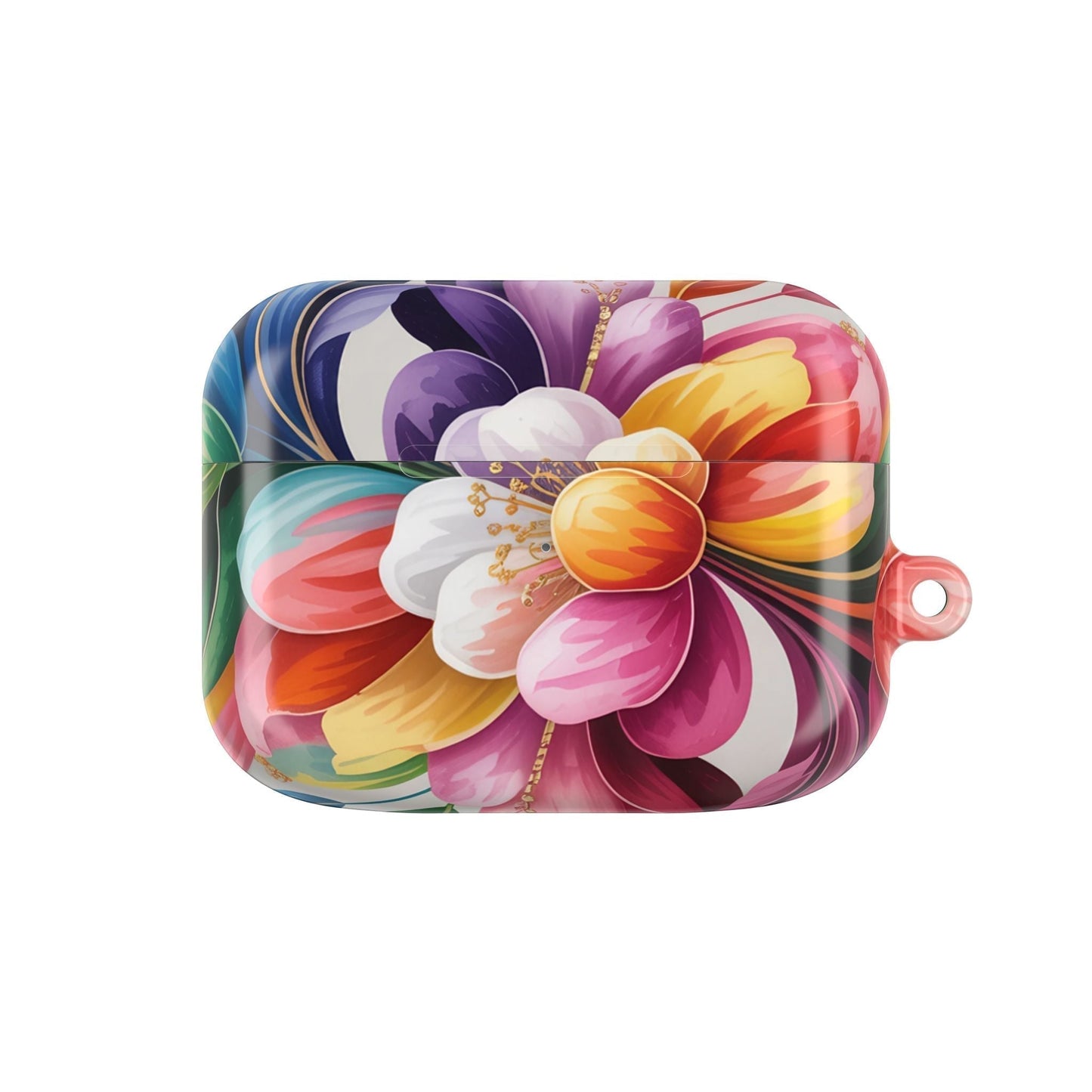 Colorful floral AirPod case made of durable polycarbonate with scratch-resistant finish and carabiner attachment.