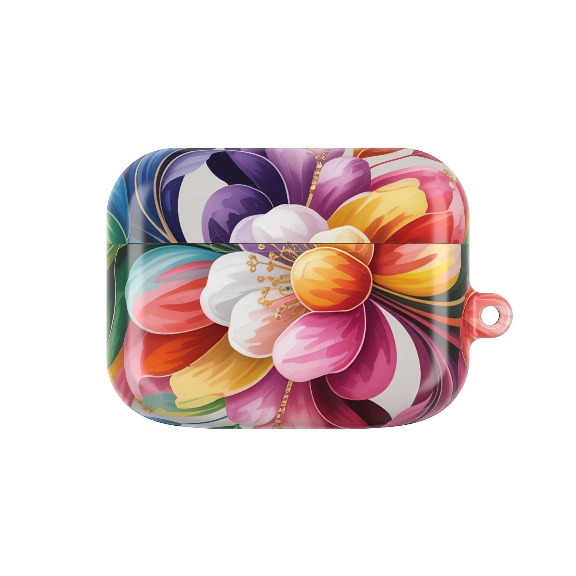 Colorful floral AirPod case made of durable polycarbonate with scratch-resistant finish and carabiner attachment.