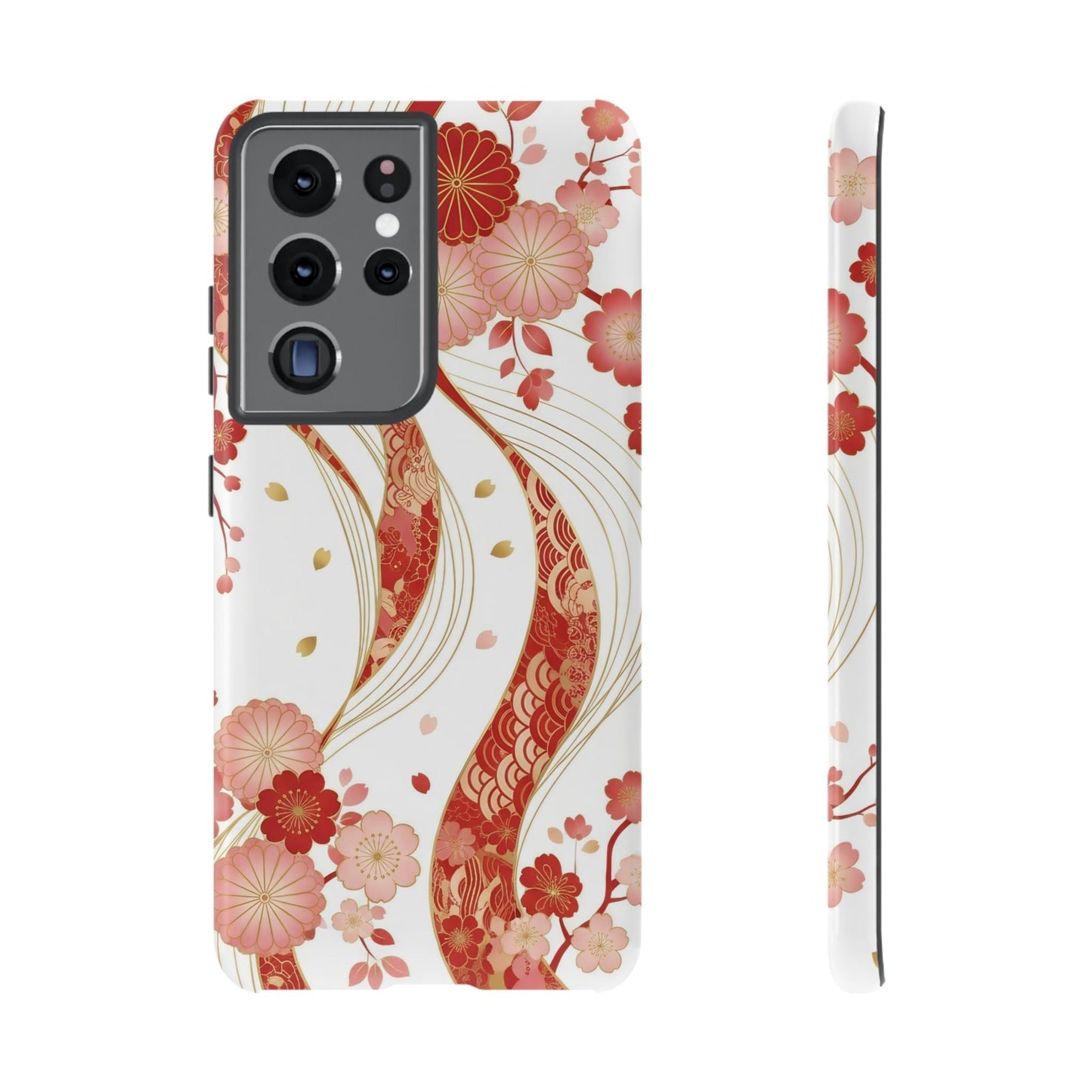 Samsung phone case with red and golden floral 3D design, elegant and durable protection