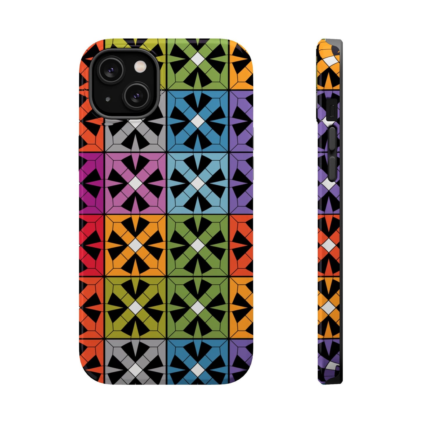 Rainbow Squares colorful geometric patterned tough iPhone case with durable dual-layer protection and MagSafe compatibility
