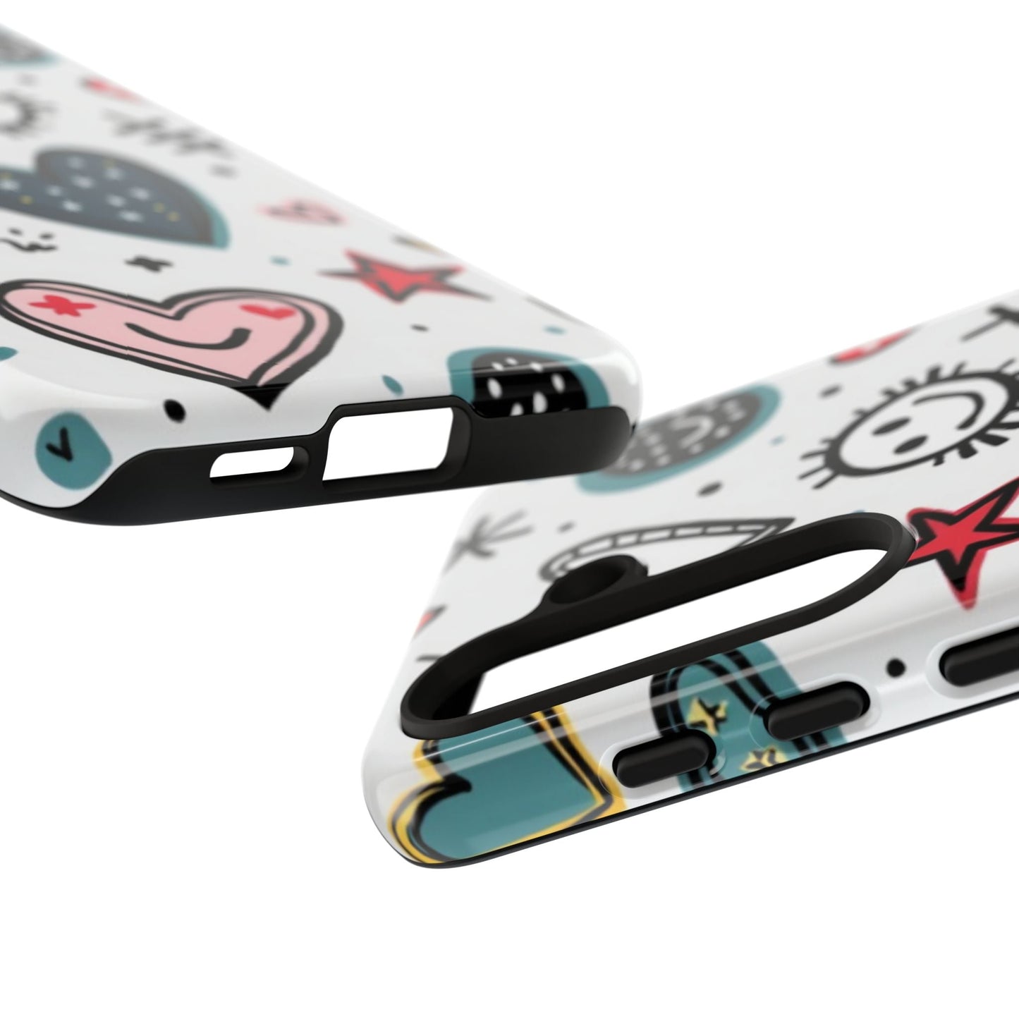 Close-up of Smiles and Hearts Samsung tough phone case with colorful playful 3D-printed hearts and stars design, showing cutouts and protective edges.