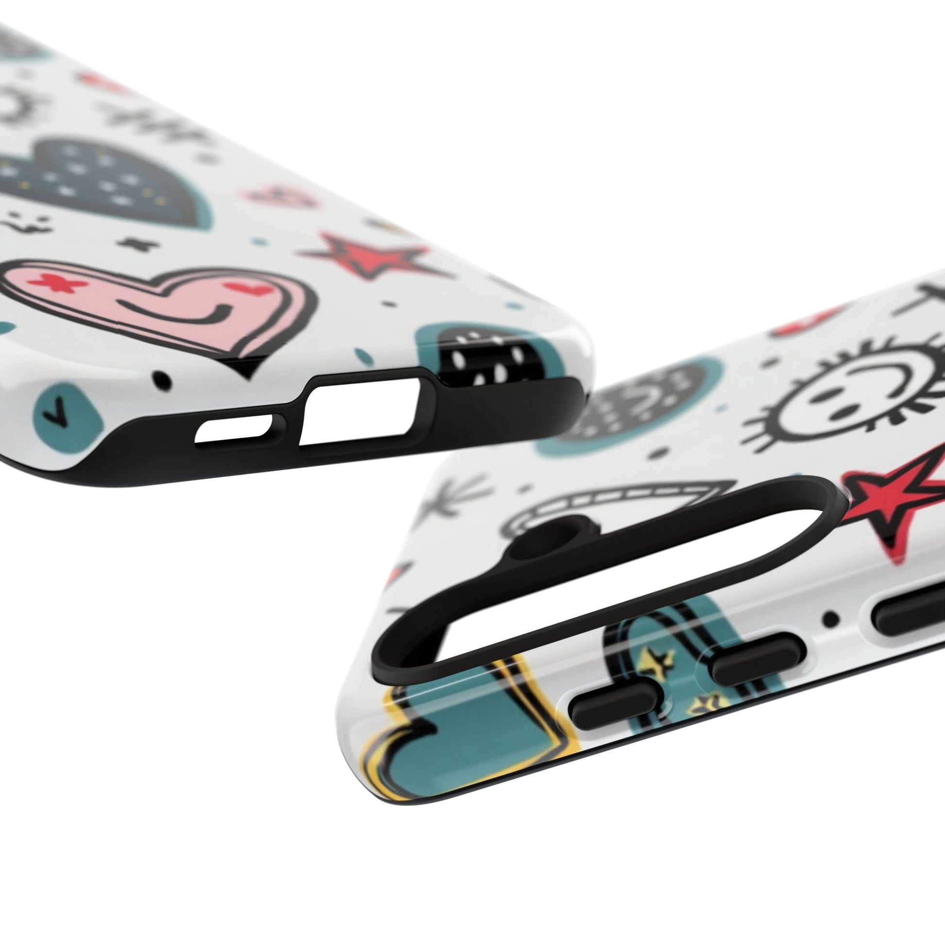 Close-up of Smiles and Hearts Samsung tough phone case with colorful playful 3D-printed hearts and stars design, showing cutouts and protective edges.