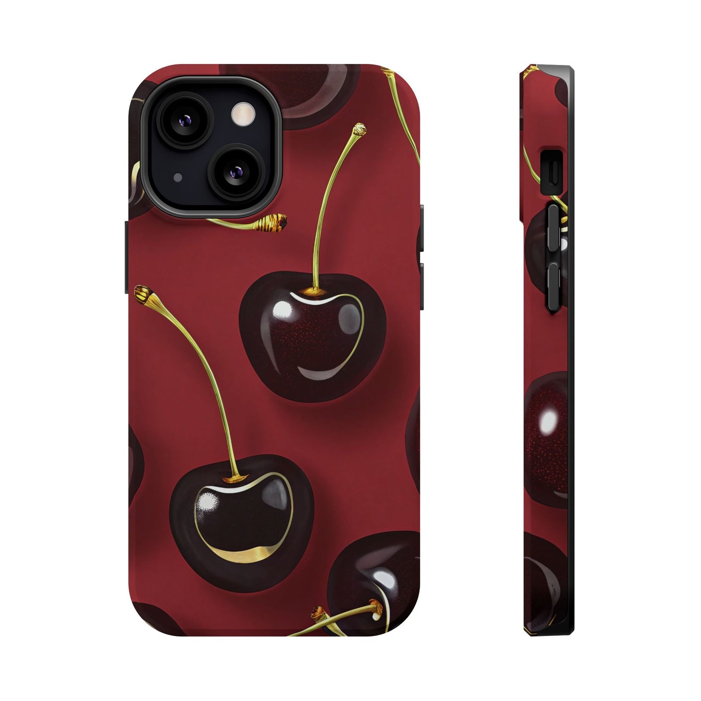 Cherry iPhone tough case with vibrant photo-realistic cherry design, dual-layer protection, and MagSafe compatibility.