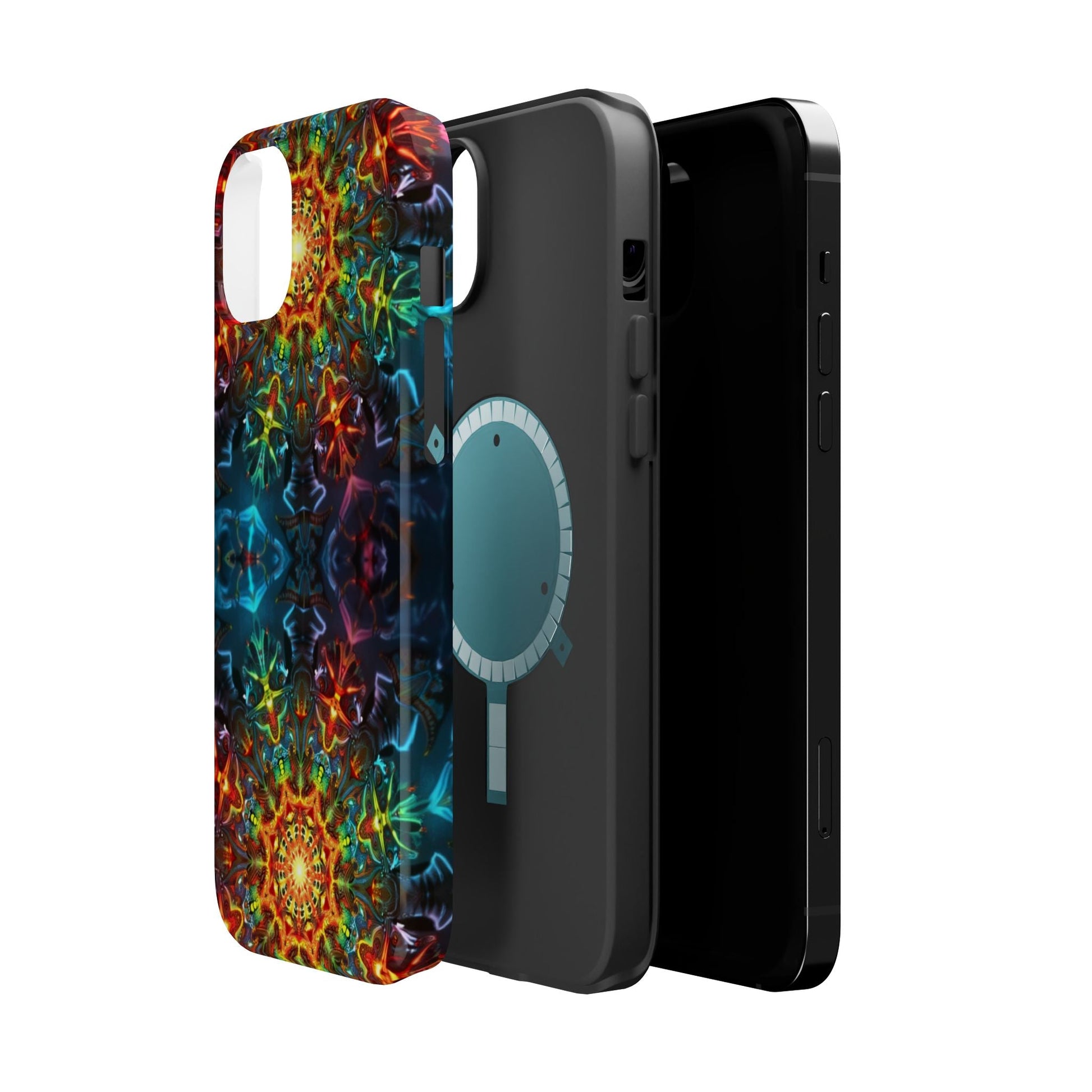 iPhone case with vibrant Abstract Kaleidoscope Design, dual-layer protective shell, and MagSafe compatibility