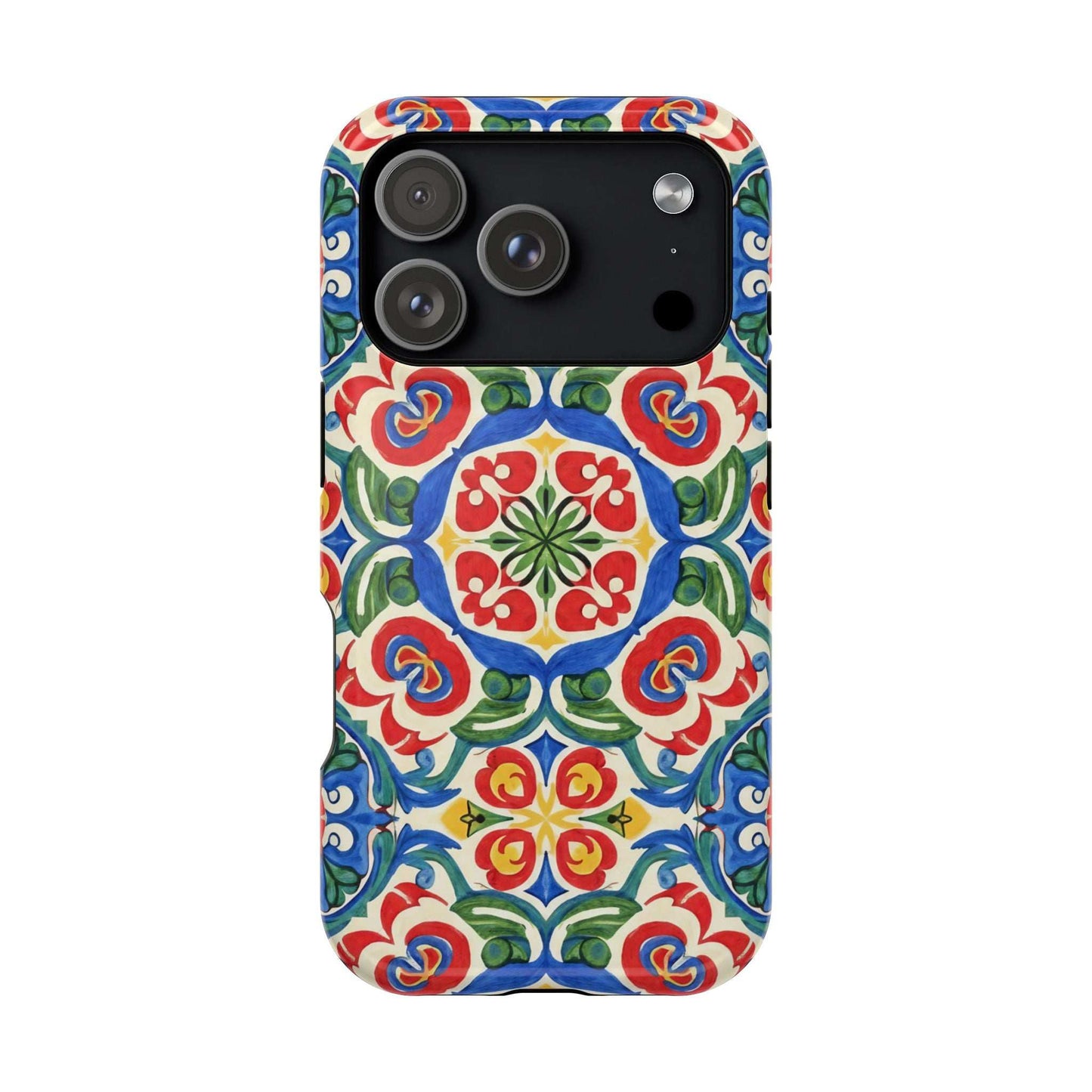 Mediterranean iPhone case with hand-painted Spanish ceramic folk tile pattern in vibrant blues, reds, and greens, impact-resistant and MagSafe compatible