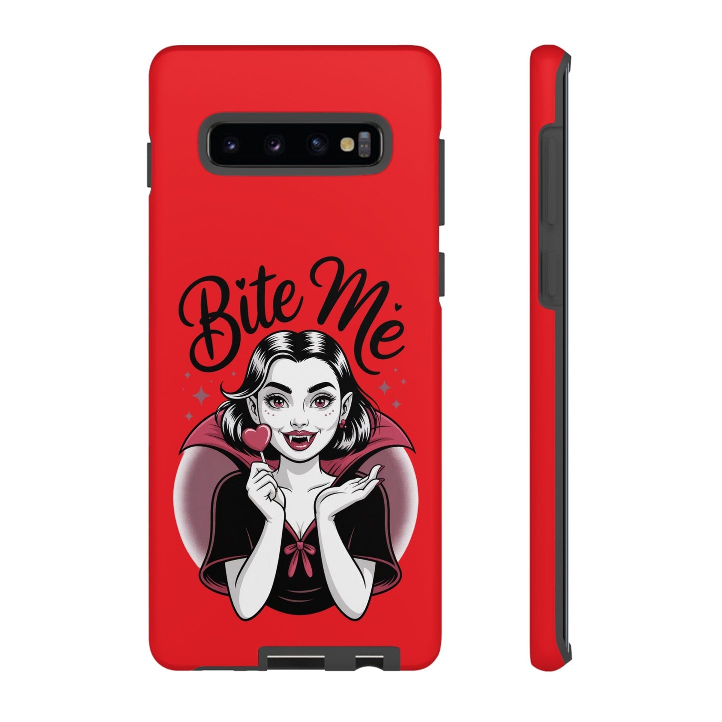 Red Samsung phone case with a vampire woman holding a heart lollipop and the text "Bite Me" in black lettering