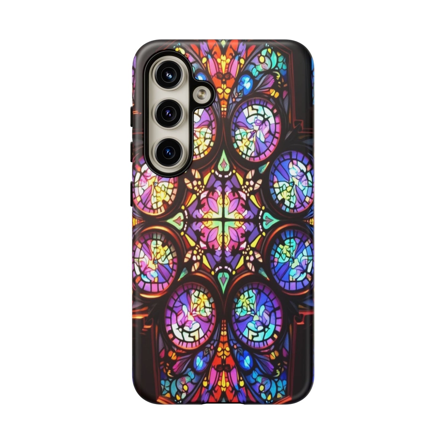 Samsung phone case with colorful hypnotic stained glass design and durable protective cover