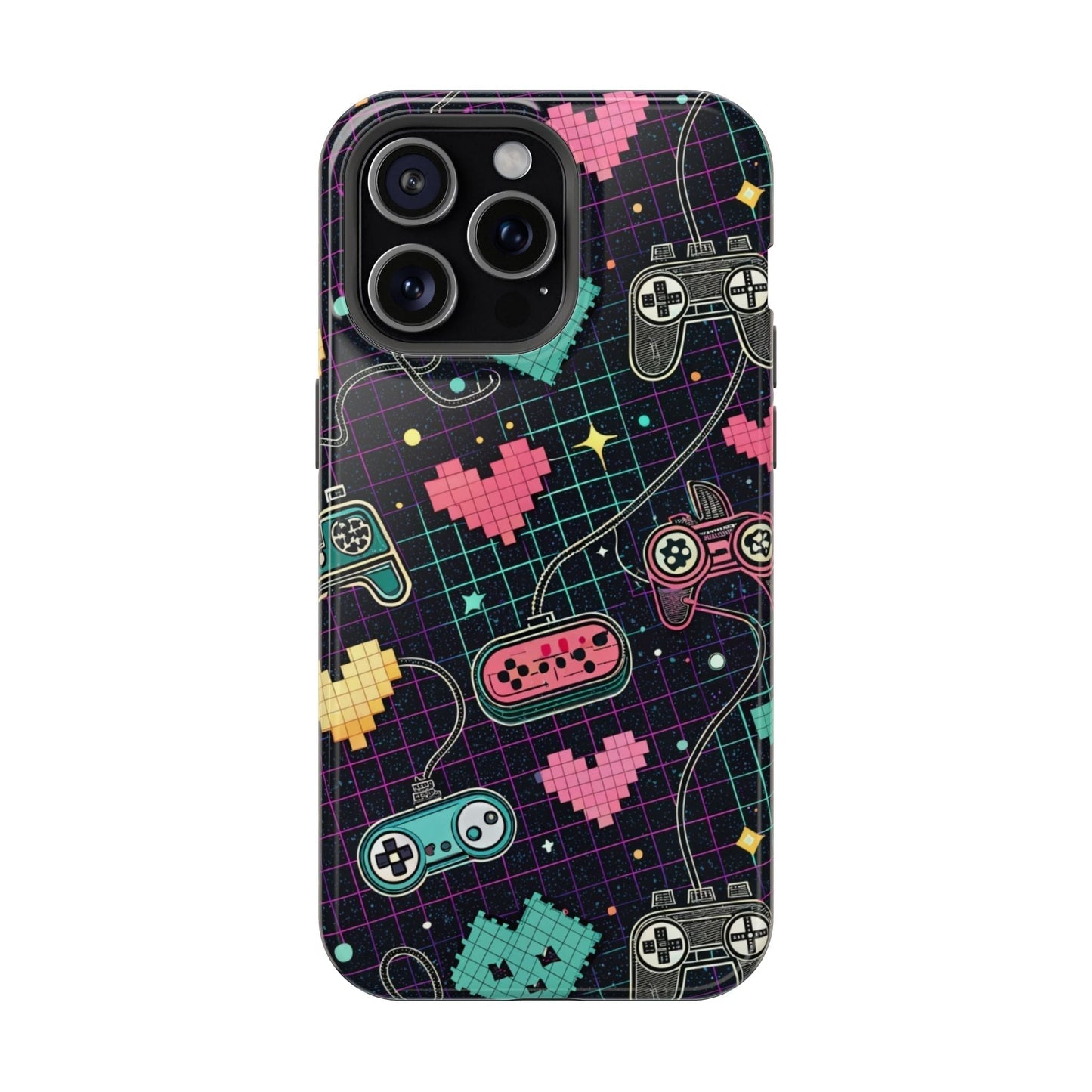 Retro Gamer Inspired durable dual-layer iPhone case with colorful pixelated hearts and game controllers design and MagSafe compatibility
