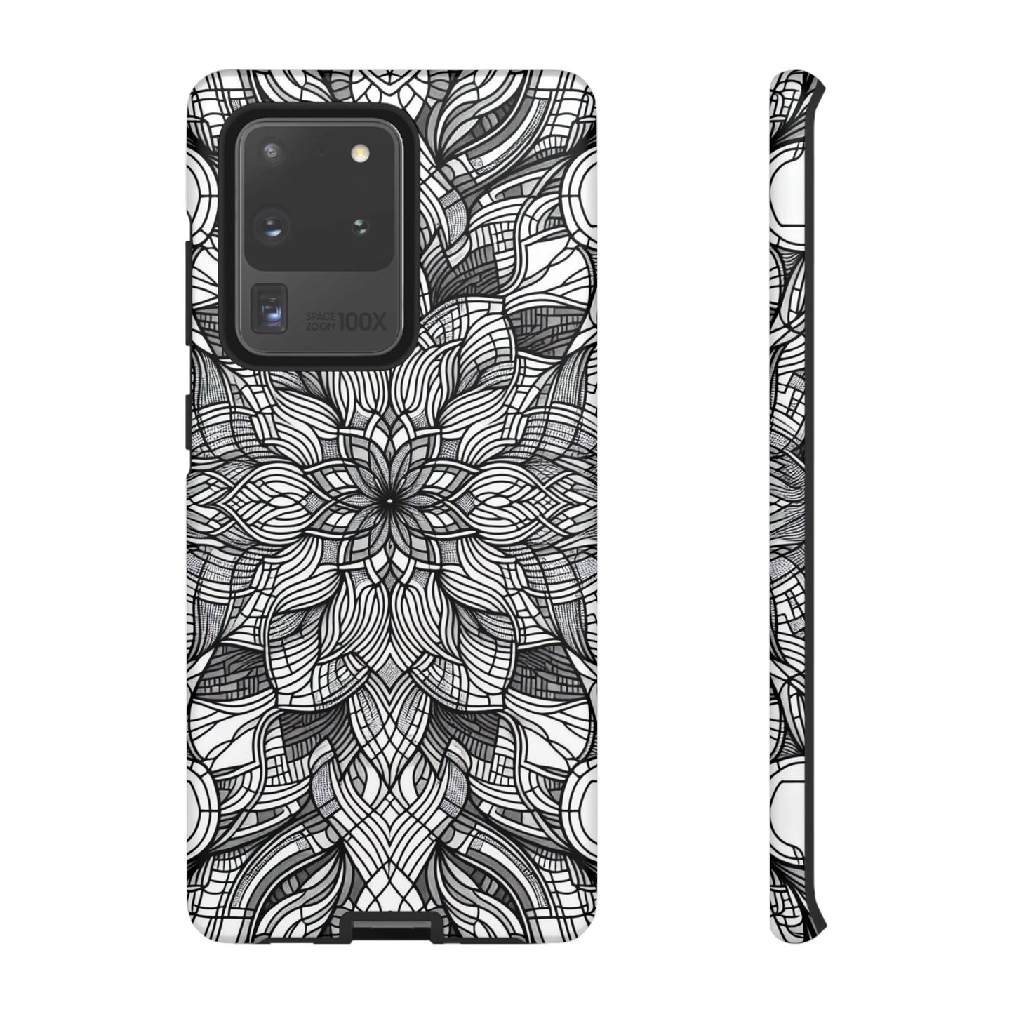 Samsung Tough Case with intricate black and white art explosion design for full device protection