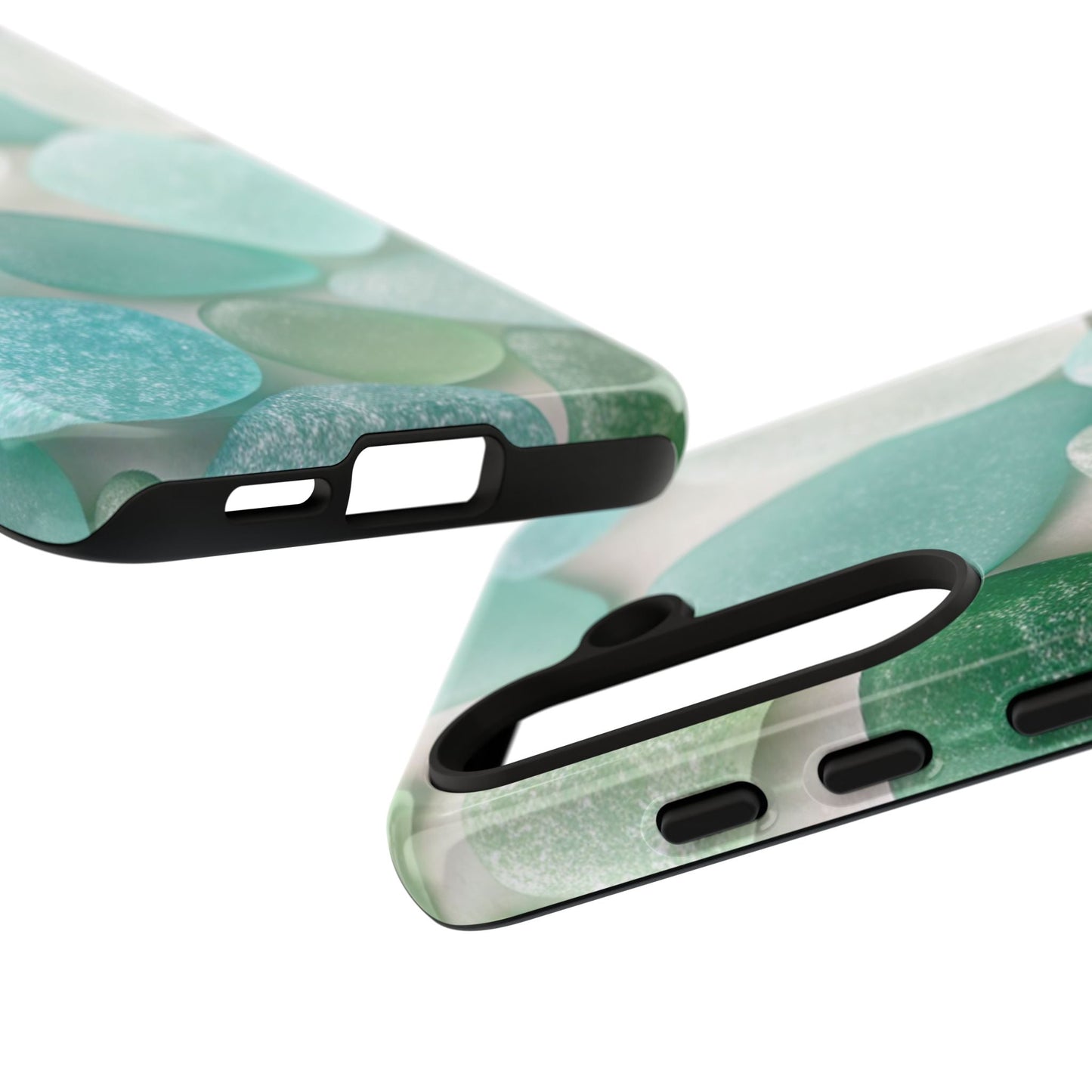 Close-up of Samsung tough phone case with calming sea glass design in green and blue shades