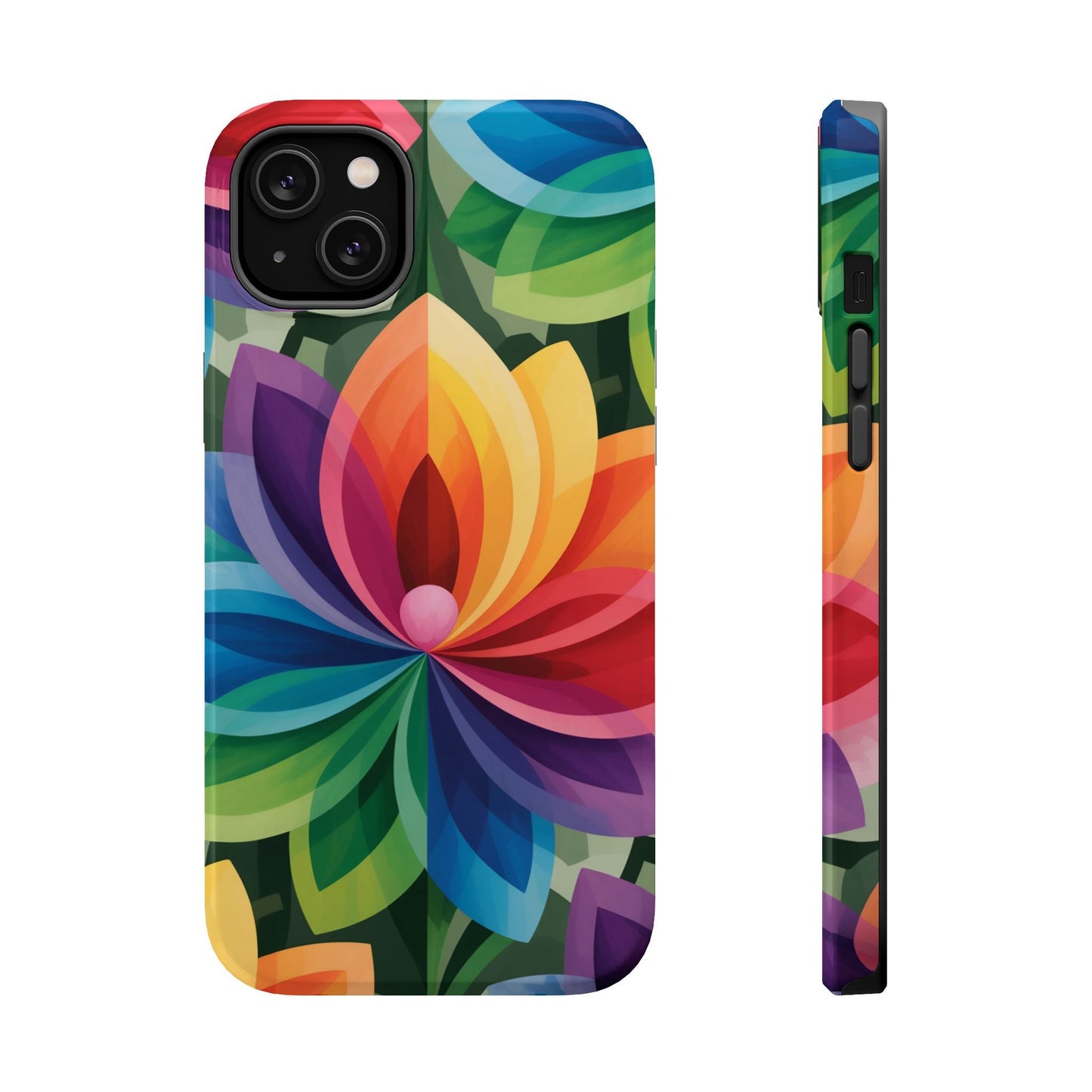 Rainbow Flower iPhone Case with vibrant colorful floral design, dual-layer protection, and MagSafe compatibility