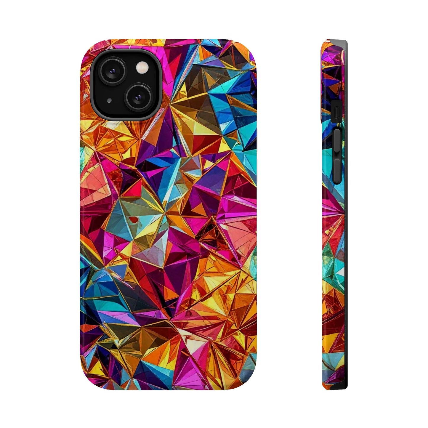 Colorful geometric rainbow foil iPhone tough case with glossy finish and MagSafe magnet.