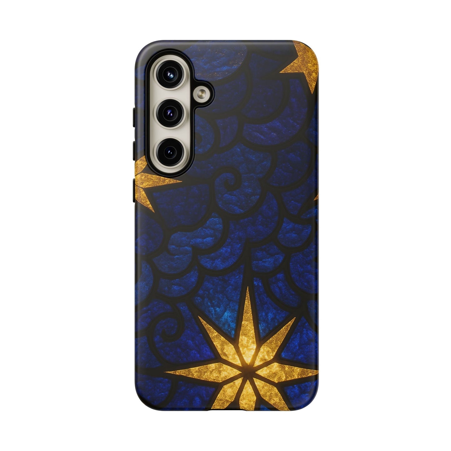 Golden Star Samsung phone case with blue background and golden star design for Samsung Galaxy models, durable and impact-resistant protection.