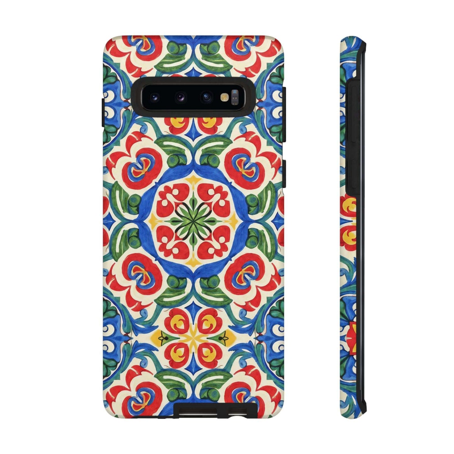 Mediterranean Samsung Case with hand-painted tile design and dual-layer protection in vibrant blue, red, and green colors