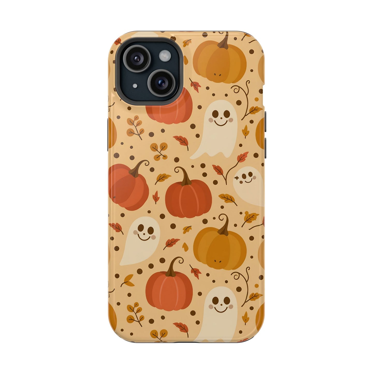 Spooky Pumpkins Halloween iPhone case with ghosts and pumpkins design, MagSafe compatible durable phone cover