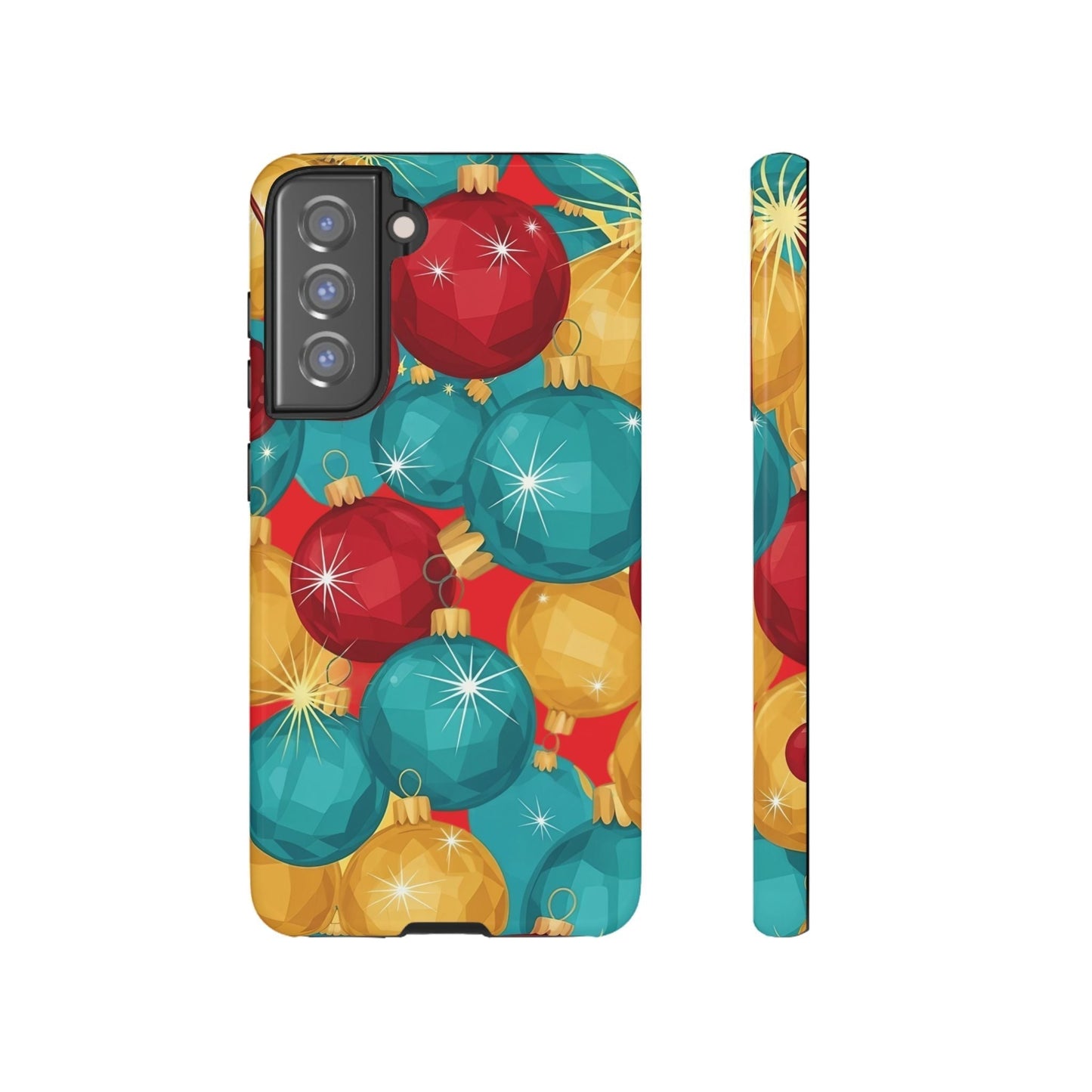 Samsung Tough Case with festive Christmas tree bulb design in red, teal, and gold for holiday protection and wireless charging.