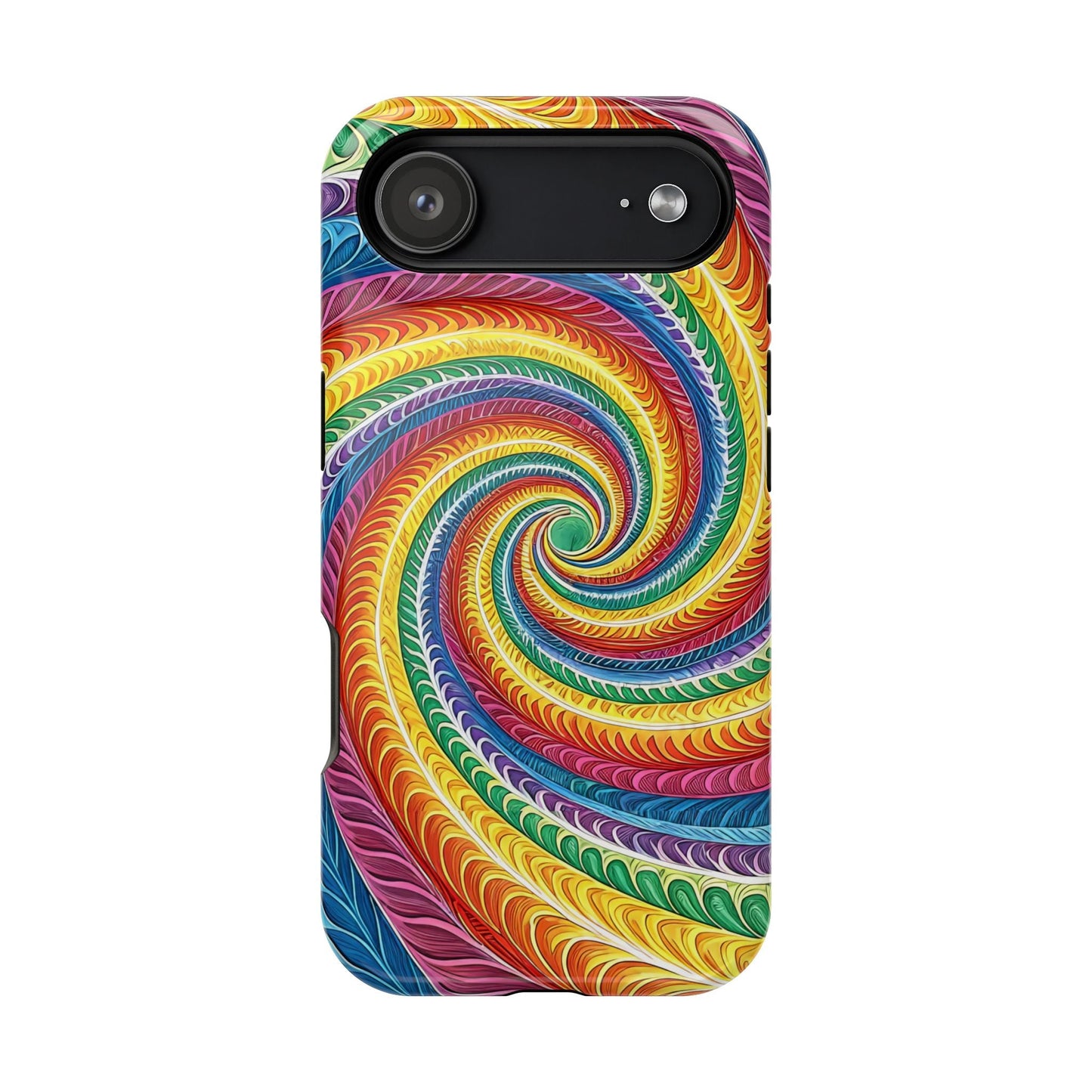 Rainbow Swirl iPhone tough case with vibrant colorful spiral pattern and MagSafe compatibility