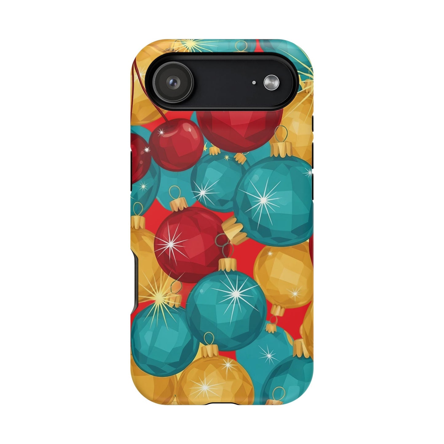 iPhone case with colorful Christmas Tree Sparkle Bulbs design in red, blue, and gold for festive holiday protection