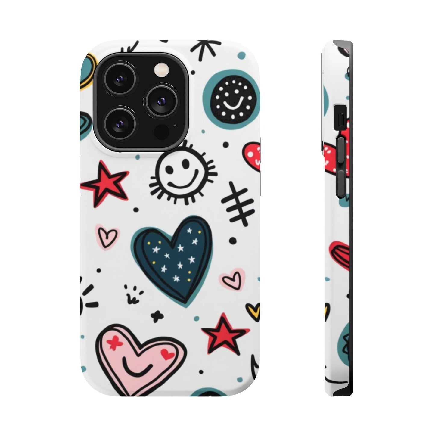 iPhone tough case with colorful cartoon hearts, stars, and smiley faces design, durable protective dual-layer with MagSafe compatibility
