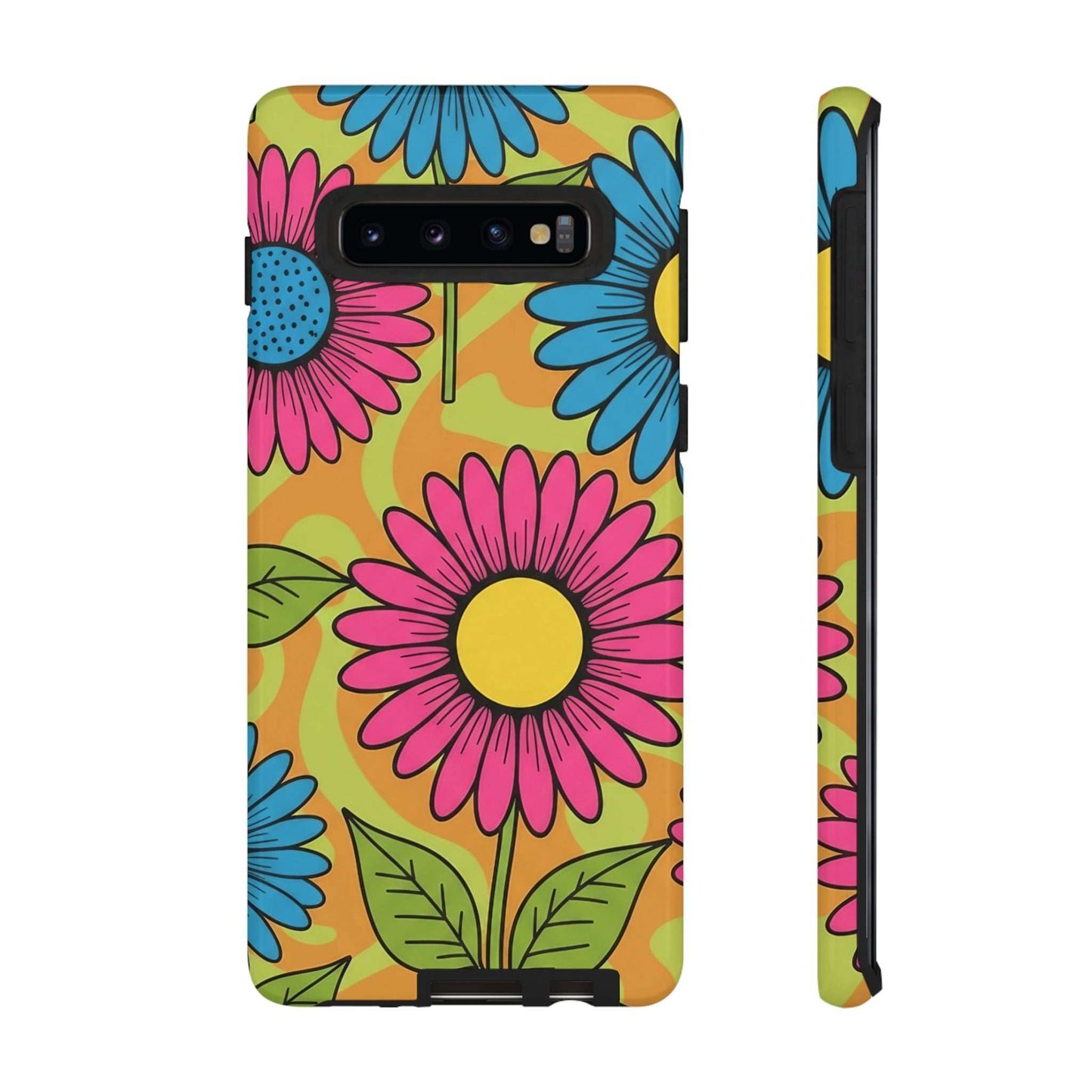 Samsung Tough Case with colorful flower design, durable and impact-resistant phone protection with shock-absorption and wireless charging compatibility