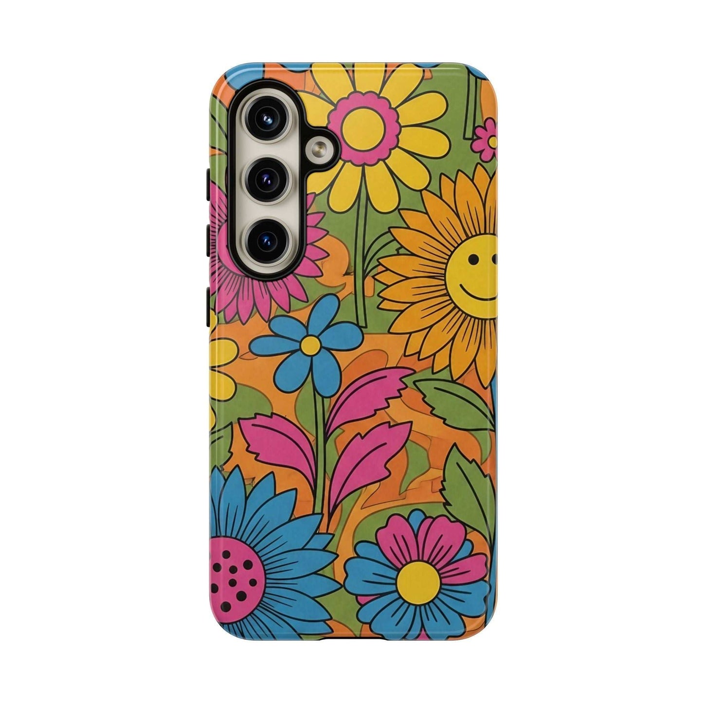 Samsung Phone Case with colorful retro flower power design and impact-resistant protection