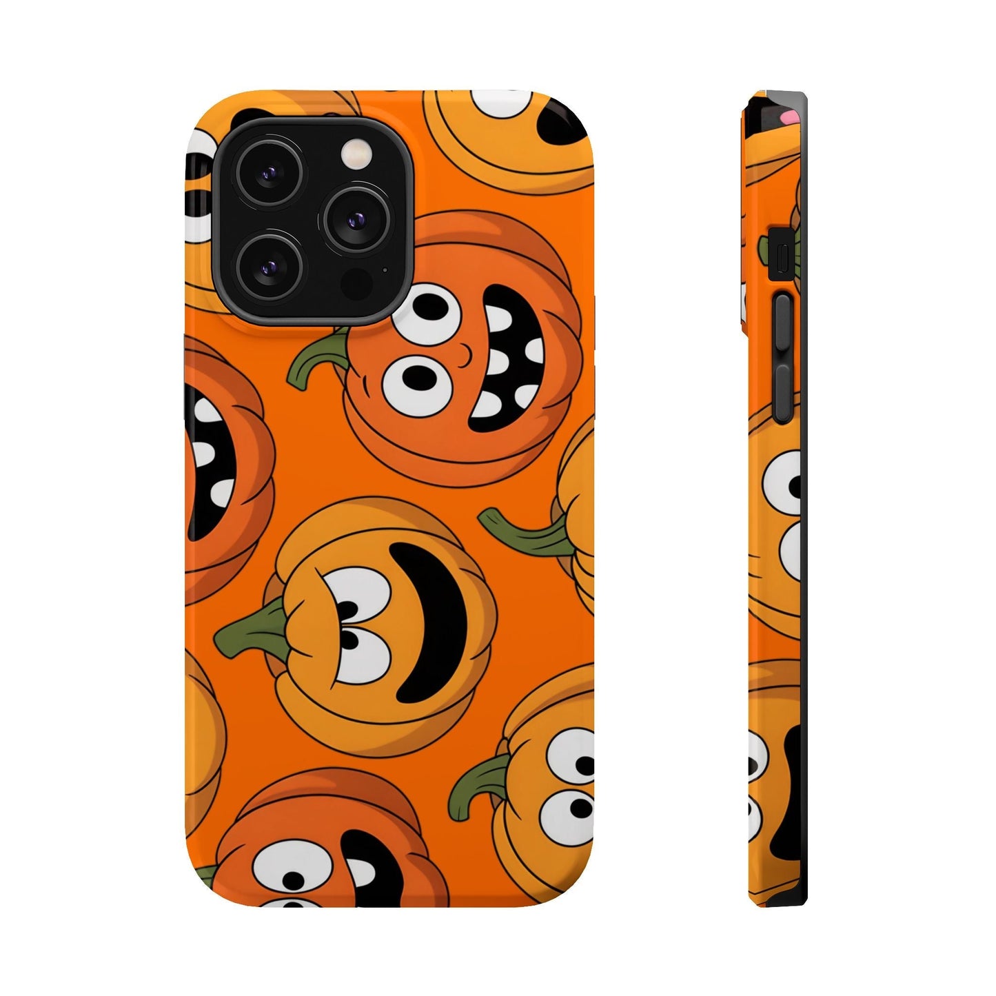 iPhone case with Moody Pumpkins Design featuring smiling orange pumpkins on a bright background, offering spooky Halloween style and protective cover.