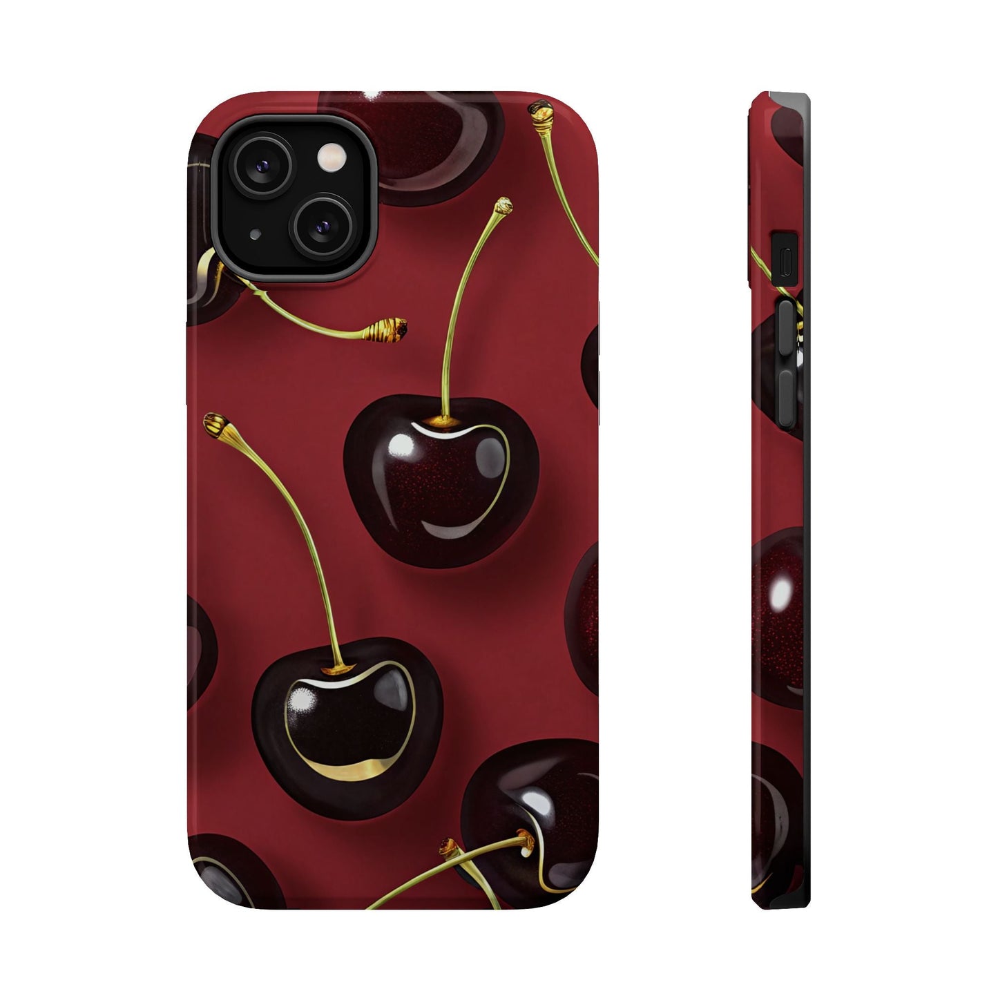 Cherry iPhone tough case with vibrant photo-realistic cherry design, dual-layer protection, and MagSafe compatibility
