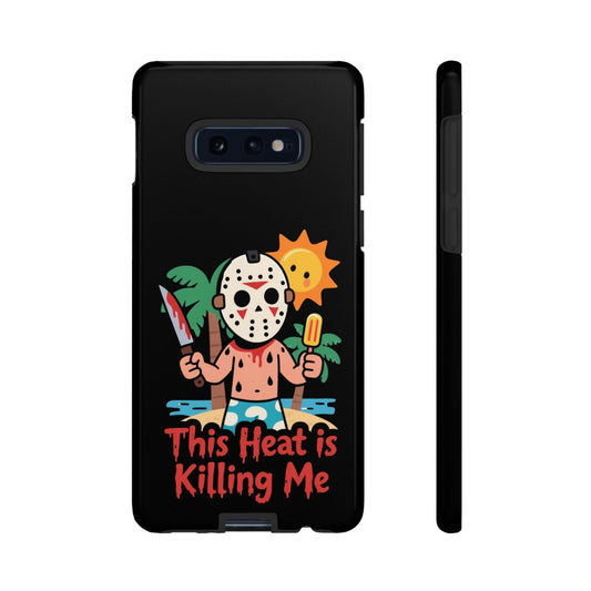 Samsung phone case with "This Heat is Killing Me" Summerween inspired design featuring a cartoon character holding a knife and popsicle on a black background