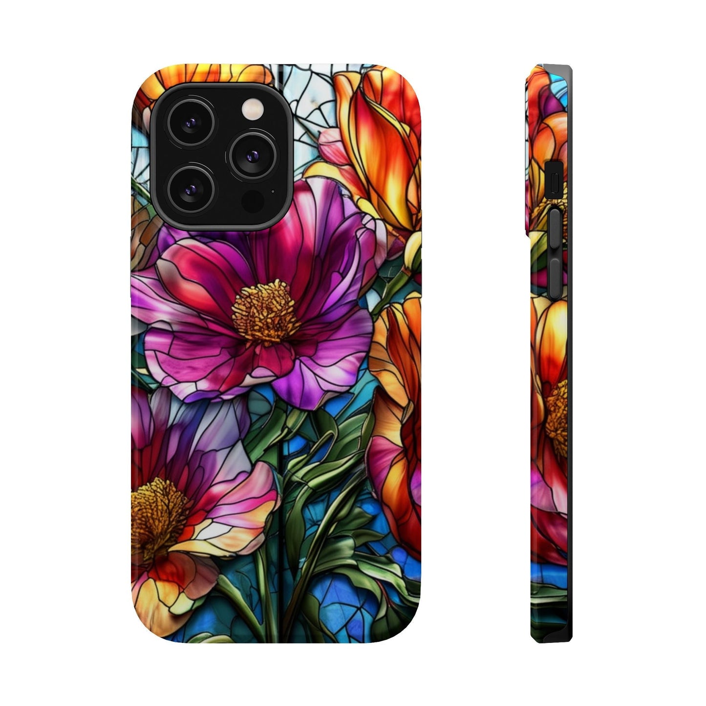 Vibrant Purple Flower iPhone case with colorful floral design, durable polycarbonate and TPU protection, MagSafe compatible phone cover