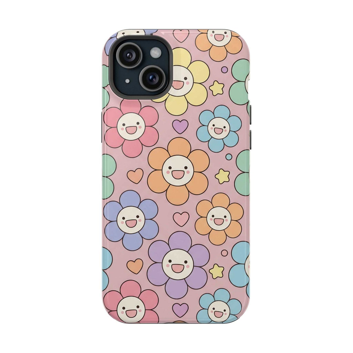 Happy Flower iPhone tough case with colorful smiling flowers and hearts, MagSafe compatible, impact-resistant phone cover