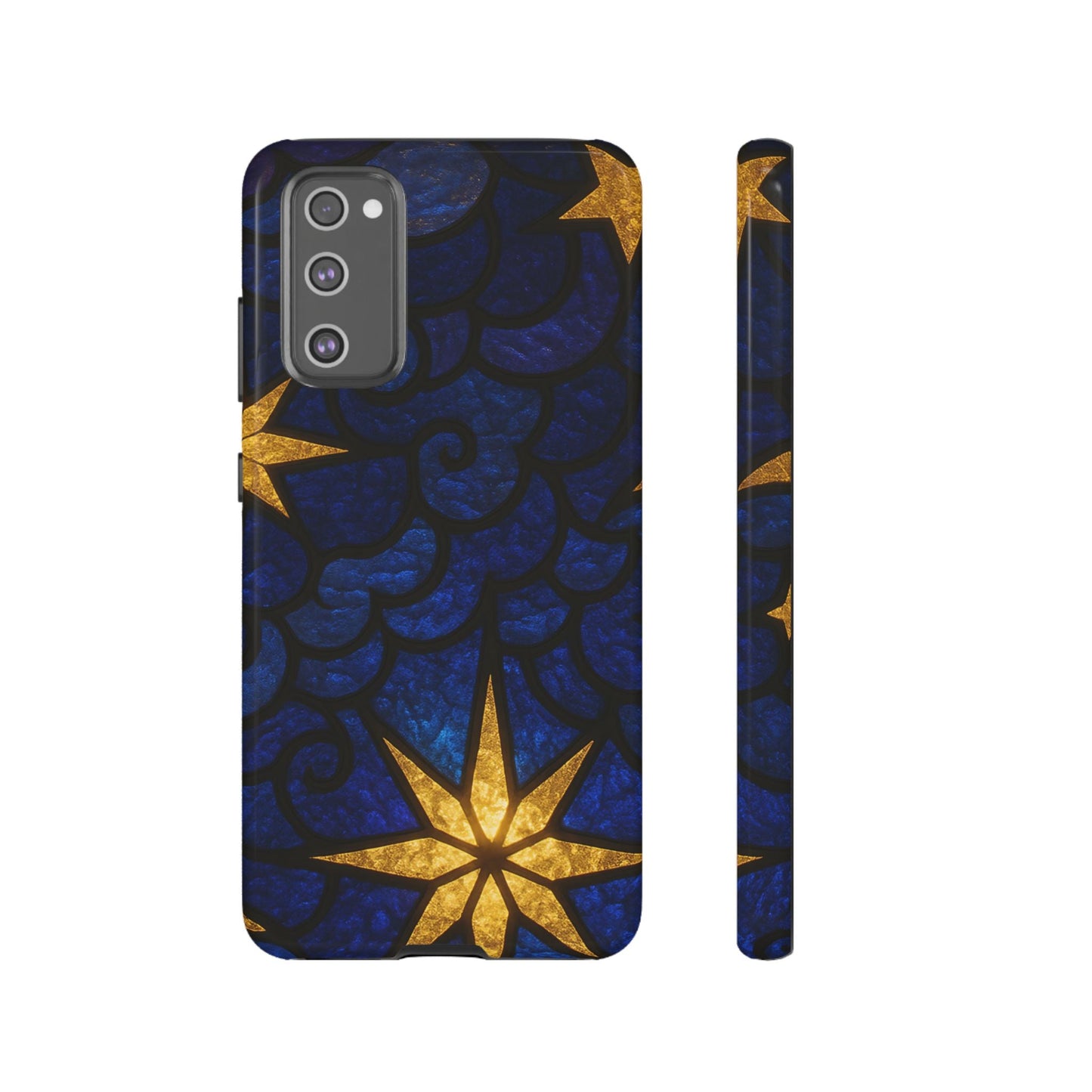 Golden Star Samsung phone case with navy blue background and gold star design, durable and impact-resistant for Samsung Galaxy models