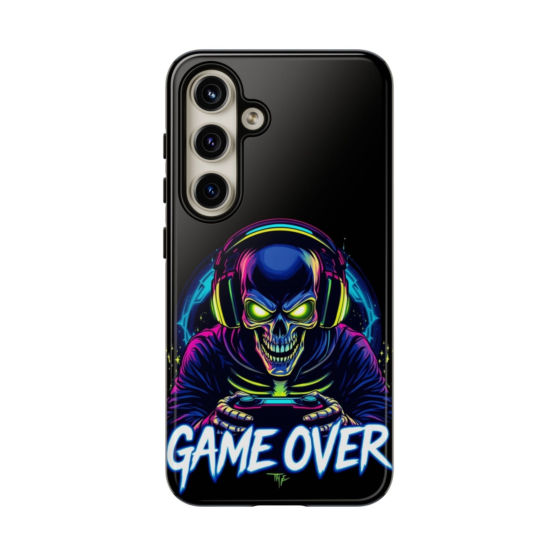 Samsung phone case with colorful skull gamer design and "Game Over" text, durable impact-resistant protection for gamers.