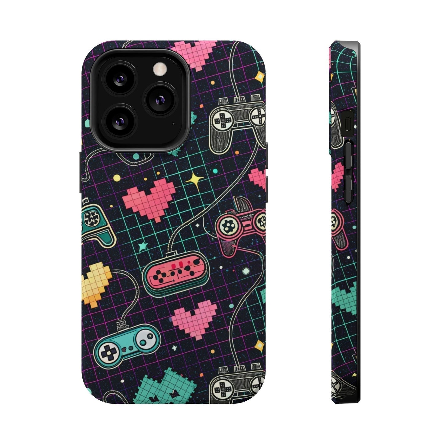Retro Gamer Inspired dual-layer iPhone case with MagSafe featuring colorful pixel art game controllers and hearts on a grid background.