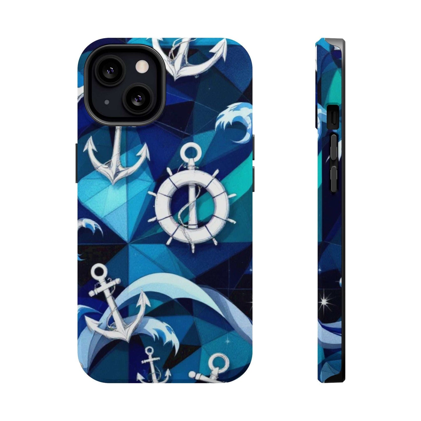 Nautical Anchors iPhone case with coastal design and MagSafe compatibility in blue tones